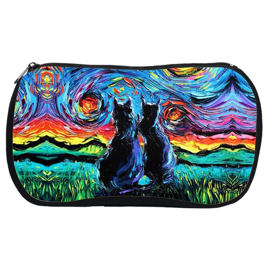 Black Cats Starry Night Art Cosmetic Bag Neoprene Rubber Colorful Makeup Pouch Travel Bag Art By Aja Artwork Gift