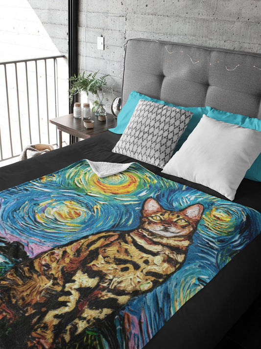 Minky Blanket  Bengal Cat Starry Night Art By Aja Home Decor Choose from 3 sizes Free US Shipping