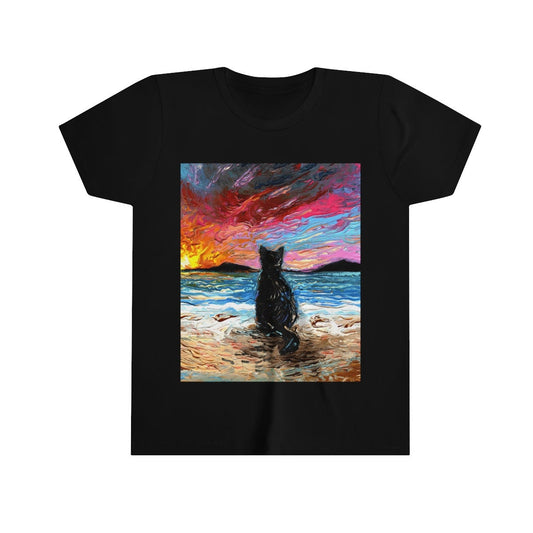 Youth Short Sleeve Tee  Beach Days Black Cat Ocean Sunset Kids Child ShortSleeve Art by Aja Soft top clothing Artwork Apparel