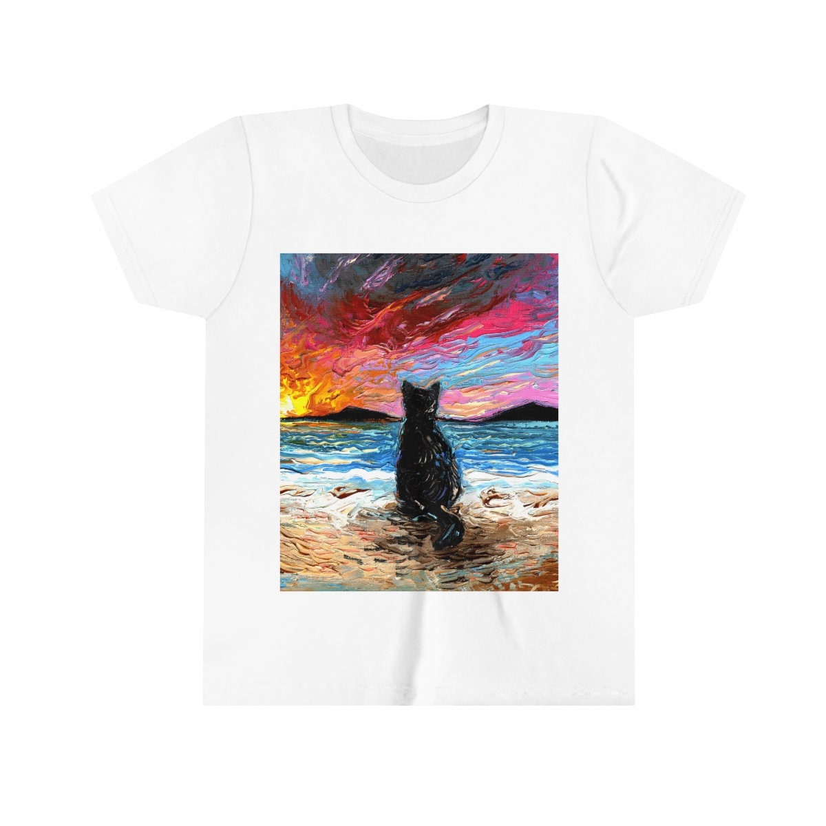 Youth Short Sleeve Tee  Beach Days Black Cat Ocean Sunset Kids Child ShortSleeve Art by Aja Soft top clothing Artwork Apparel