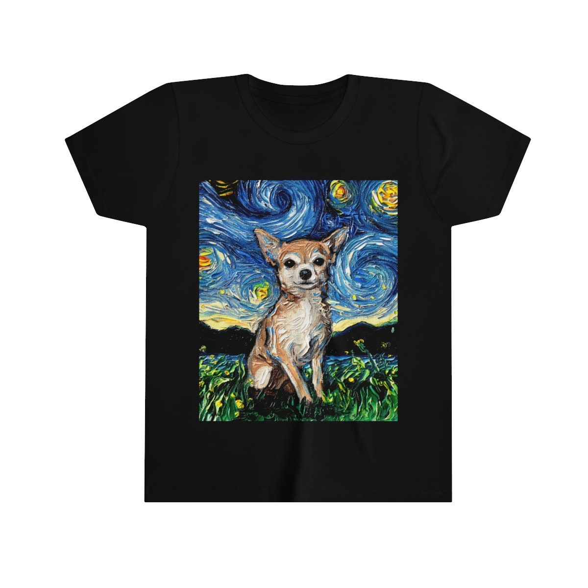 Kids Short Sleeve Shirt Chihuahua Youth Tee Starry Night Childs TShirt Dog Art Clothing Colorful Pet Children's Apparel Dog Lover Gift