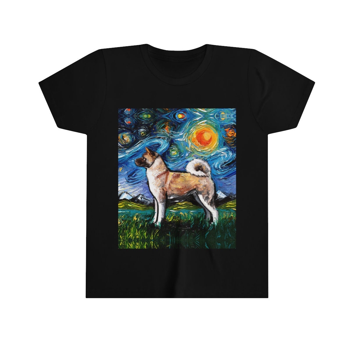 Children's Short Sleeve Shirt Akita Inu Childs TShirt Starry Night Youth Tee Dog Art Clothing Colorful Pet Kids Apparel Dog Lover Gift