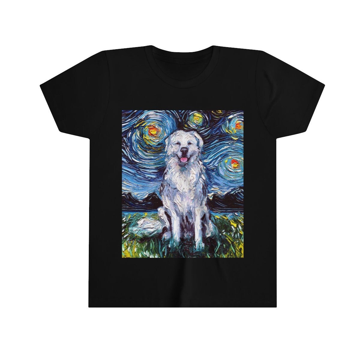 Kids Short Sleeve Shirt Great Pyrenees Youth Tee Starry Night Childs TShirt Dog Art Clothing Colorful Pet Children's Apparel Dog Lover Gift