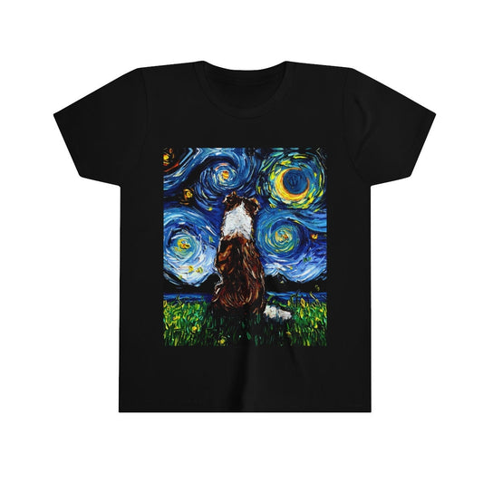 Youth Short Sleeve Tee  Brown and White Border Collie Starry Night Dog Kids Child ShortSleeve Art by Aja Soft top clothing Artwork Apparel