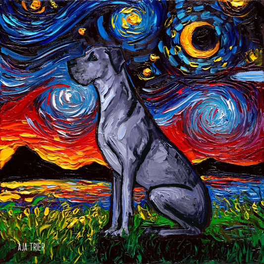 Blue Great Dane Art Starry Night Art Print dog picture by Aja choose size and type of paper Photo Paper or Watercolor Paper home decor