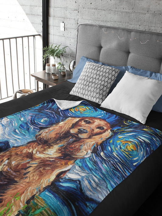 Velveteen Minky Blanket  Red Cocker Spaniel Starry Night Dog Art By Aja Home Decor Choose from 3 sizes Free US Shipping