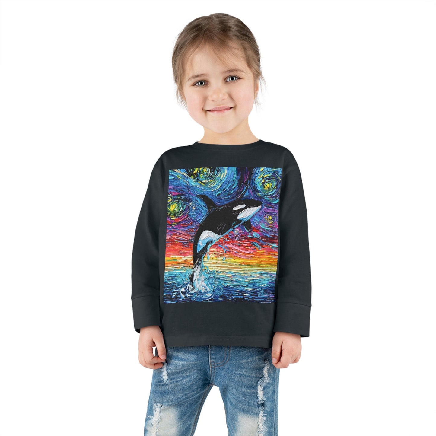 Toddler Long Sleeve Tee  Orca Killer Whale Starry Night Ocean Sea Life Art by Aja Kid clothing Free US Shipping