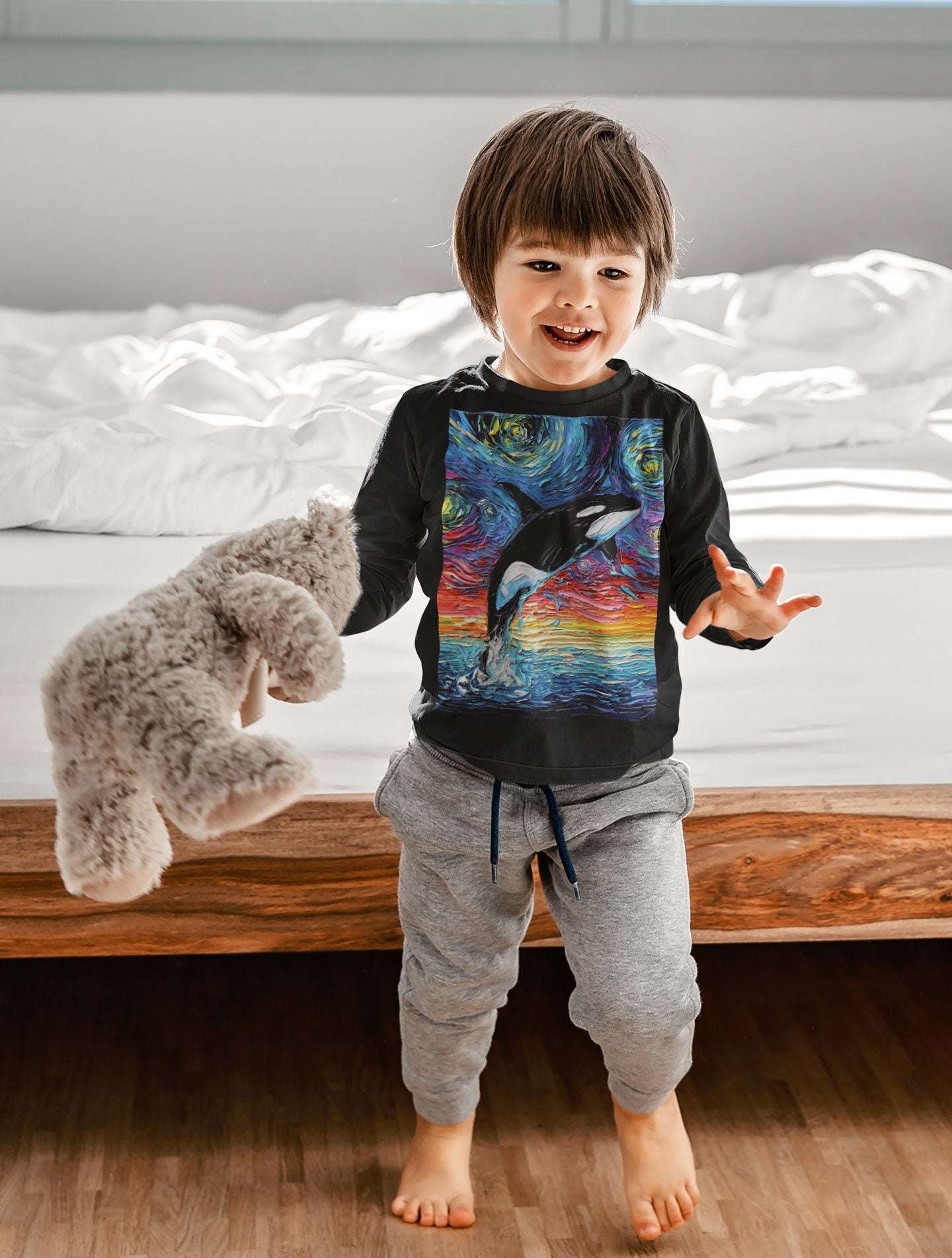 Toddler Long Sleeve Tee  Orca Killer Whale Starry Night Ocean Sea Life Art by Aja Kid clothing Free US Shipping