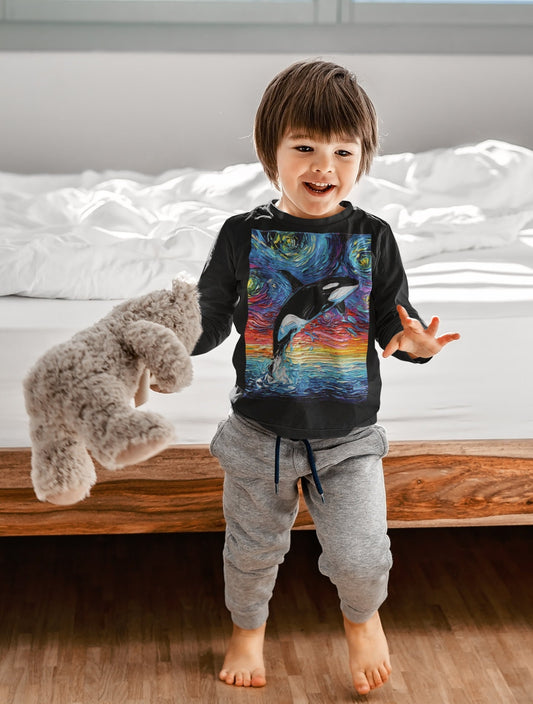 Toddler Long Sleeve Tee  Orca Killer Whale Starry Night Ocean Sea Life Art by Aja Kid clothing Free US Shipping