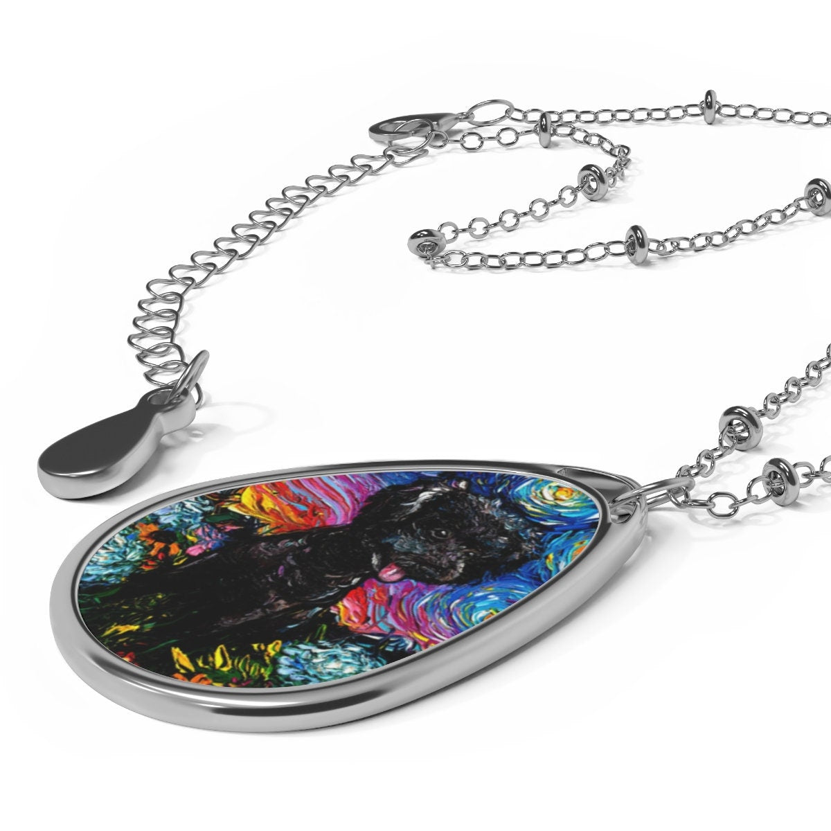 Black Poodle and Hydrangeas Starry Night Dog 1.5x1 inch Oval Pendant on 20.47 inch Chain Necklace Jewelry Featuring Art by Aja