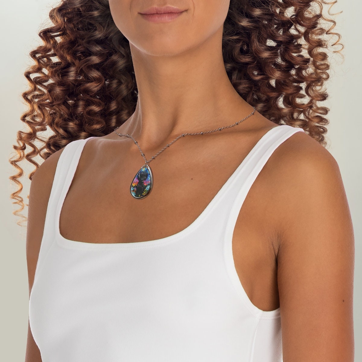 Black Poodle and Hydrangeas Starry Night Dog 1.5x1 inch Oval Pendant on 20.47 inch Chain Necklace Jewelry Featuring Art by Aja