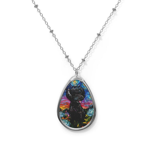 Black Poodle and Hydrangeas Starry Night Dog 1.5x1 inch Oval Pendant on 20.47 inch Chain Necklace Jewelry Featuring Art by Aja