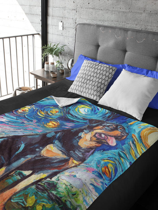 Minky Blanket Seated Rottweiler Starry Night
