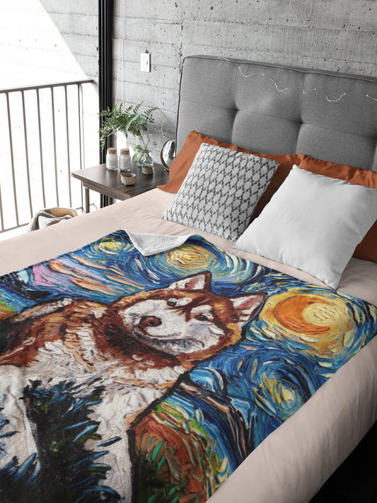Minky Blanket  Red and White Husky Starry Night Dog Art By Aja Home Decor Choose from 3 sizes Free US Shipping