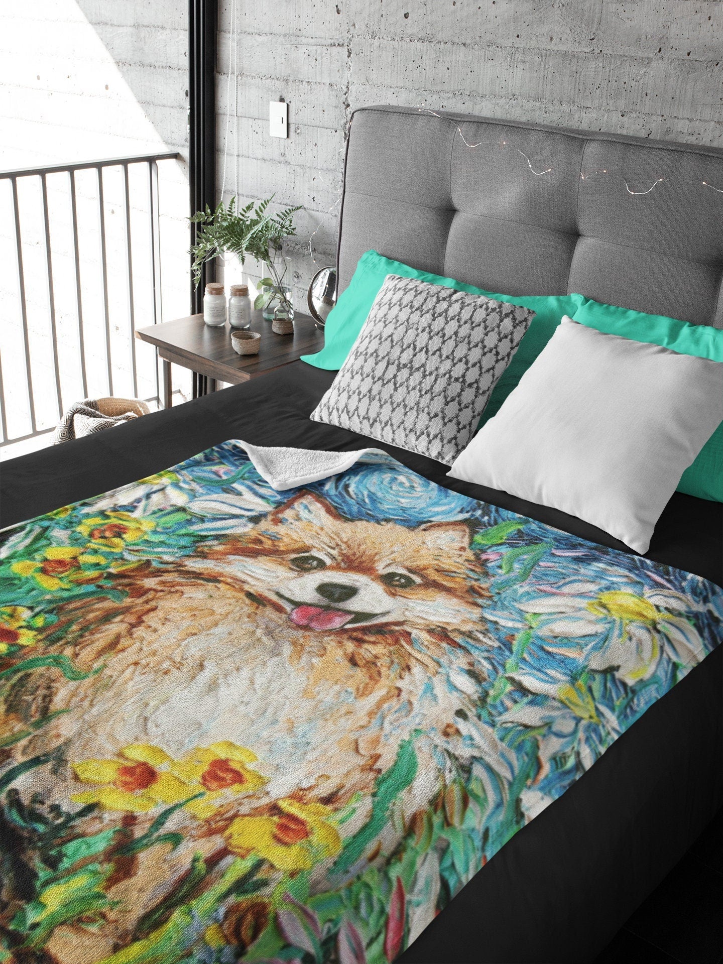 Velveteen Minky Blanket Happy Pomeranian Garden Flowers Starry Night Dog Throw