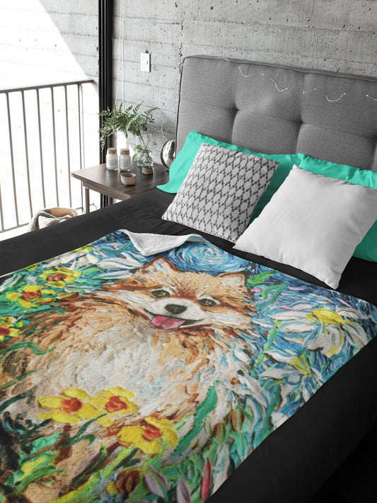 Velveteen Minky Blanket Happy Pomeranian Garden Flowers Starry Night Dog Throw