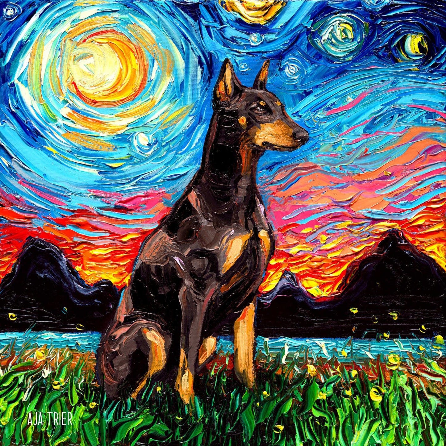 Red Doberman Pinscher dog Art CANVAS print Starry Night Ready to Hang wall decor artwork display by Aja canine animal home