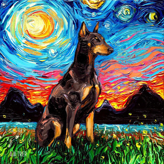 Red Doberman Pinscher Art Starry Night Art Print dog picture by Aja choose size and type of paper  Photo Paper or Watercolor Paper artwork