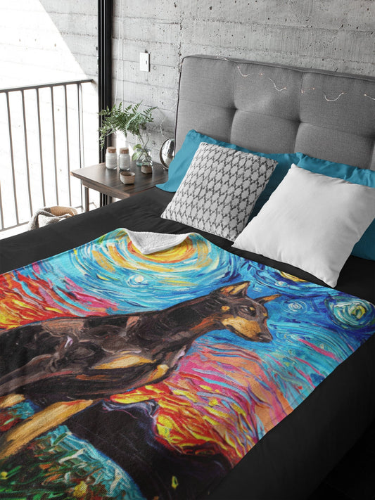 Velveteen Minky Blanket  Red Doberman Pinscher Starry Night Dog Art By Aja Home Decor Choose from 3 sizes Free US Shipping