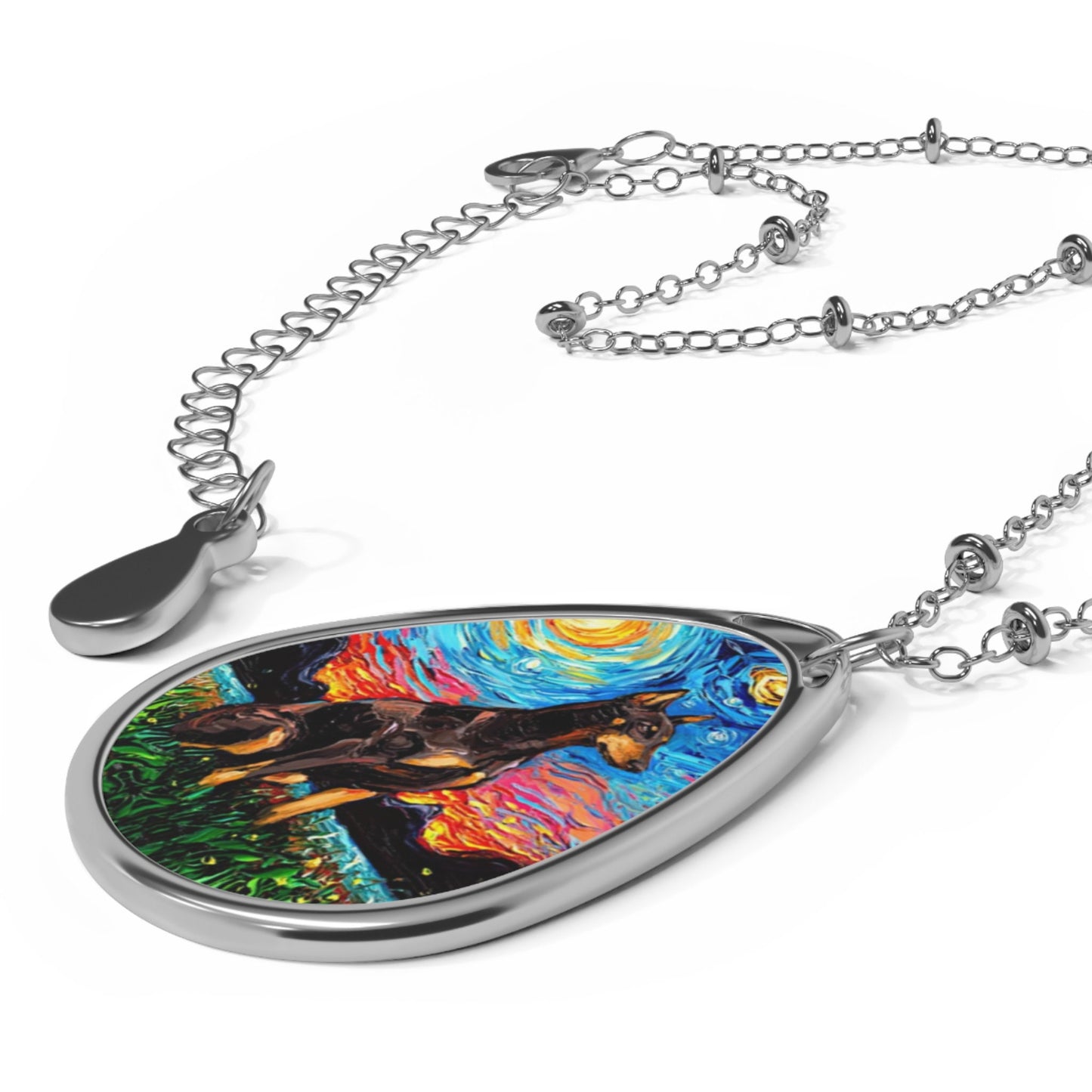 Red Doberman Pinscher Starry Night Dog 1.5x1 inch Oval Pendant on 20.47 inch Chain Necklace Jewelry Art by Aja