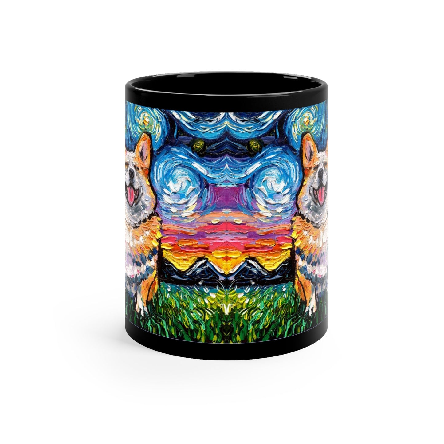 11oz Black Mug  Smiling Corgi Starry Night Dog Ceramic Coffee Cup Art by Aja Drinkware Kitchen Home