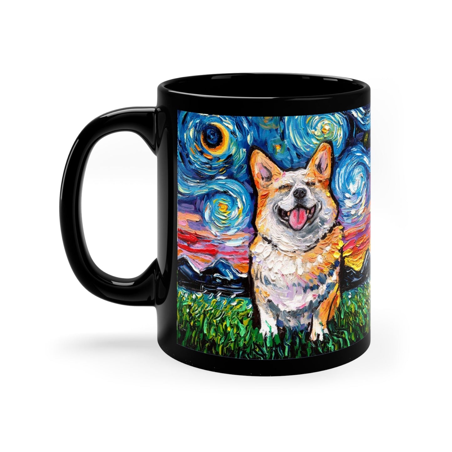 11oz Black Mug  Smiling Corgi Starry Night Dog Ceramic Coffee Cup Art by Aja Drinkware Kitchen Home