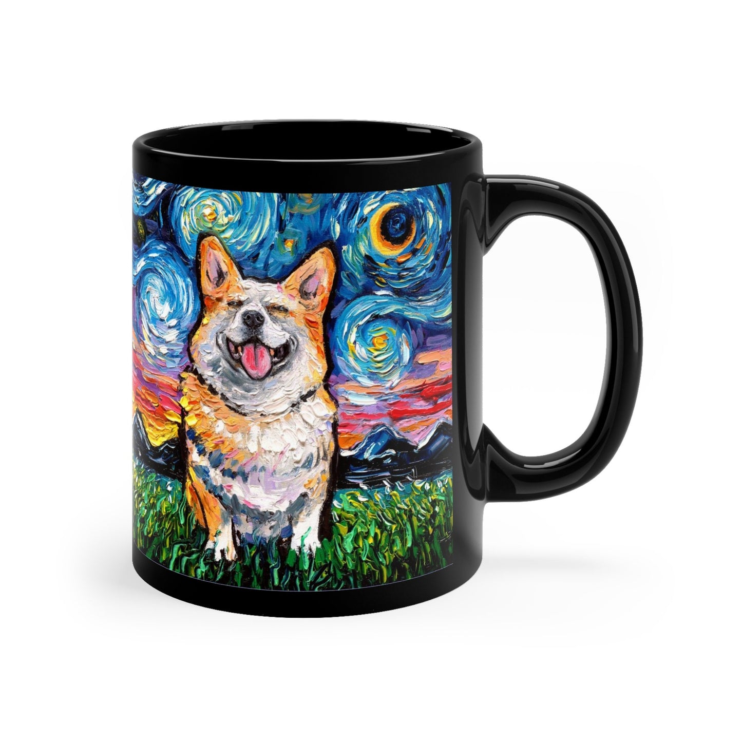 11oz Black Mug  Smiling Corgi Starry Night Dog Ceramic Coffee Cup Art by Aja Drinkware Kitchen Home