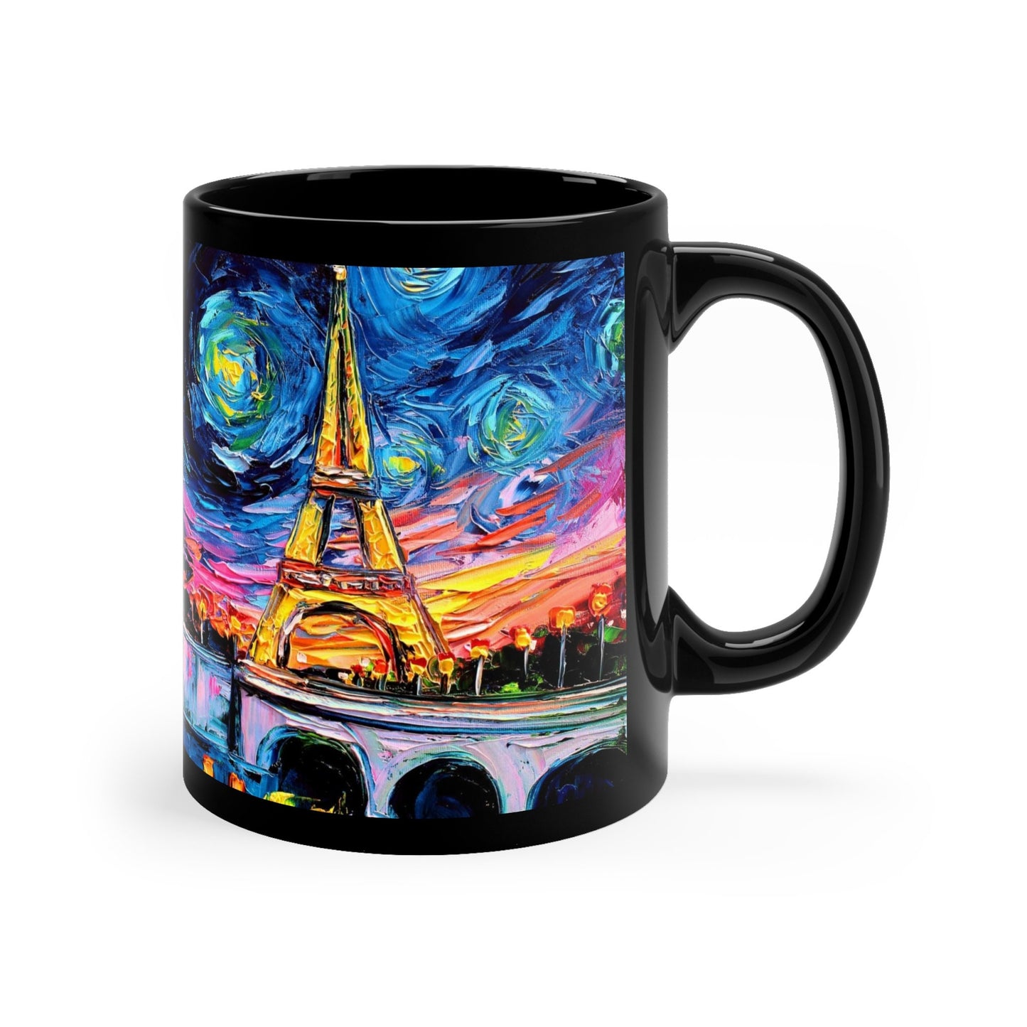 11oz Black Mug  Eiffel Tower Starry Night Paris France Ceramic Coffee Cup Art by Aja Drinkware Kitchen Home