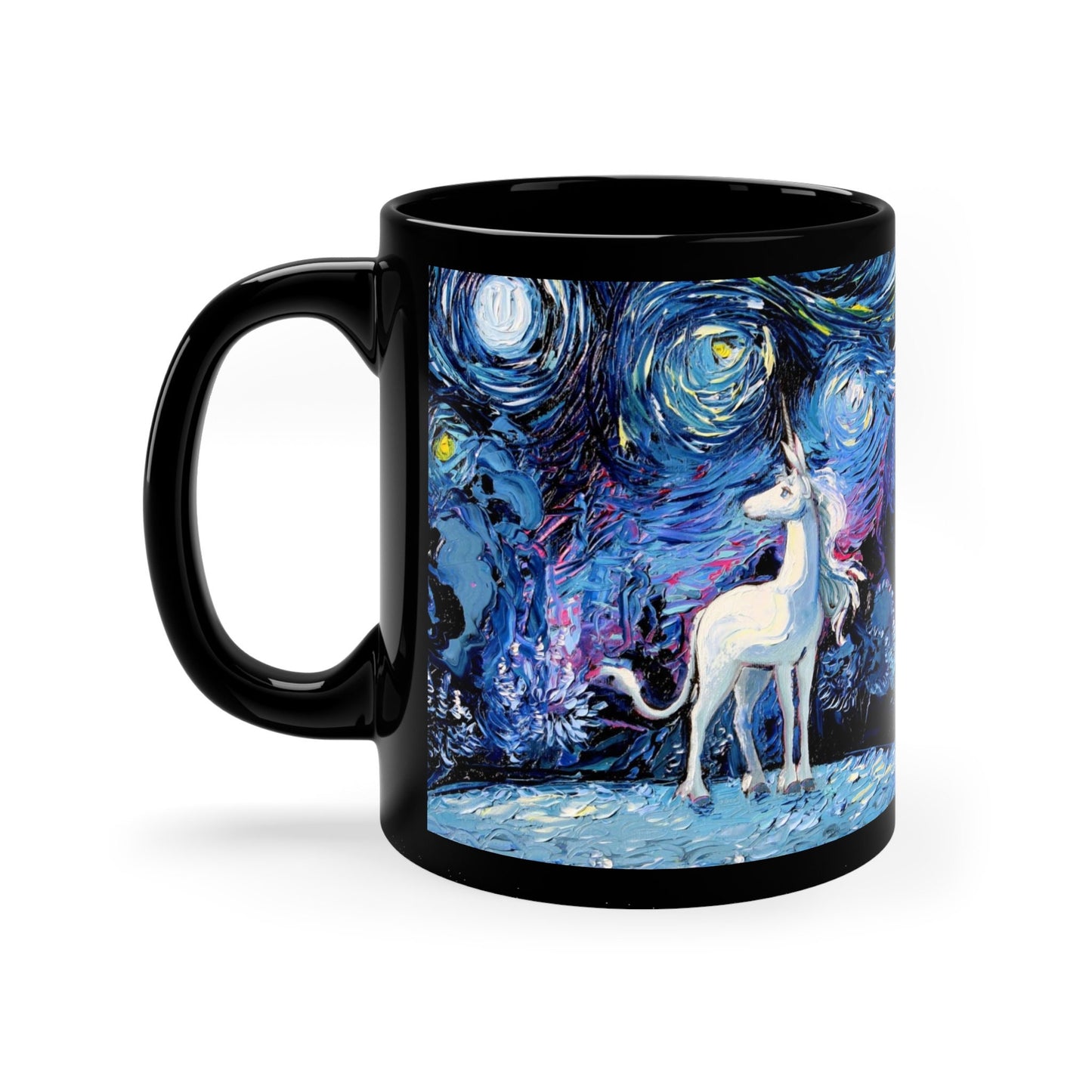 11oz Black Mug  Unicorn Artwork Starry Night Fantasy Ceramic Coffee Cup Art by Aja Drinkware Kitchen Home