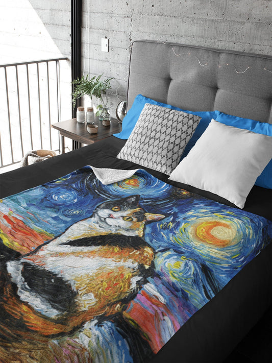 Minky Blanket  Calico Cat Starry Night Art By Aja Home Decor Choose from 3 sizes Free US Shipping