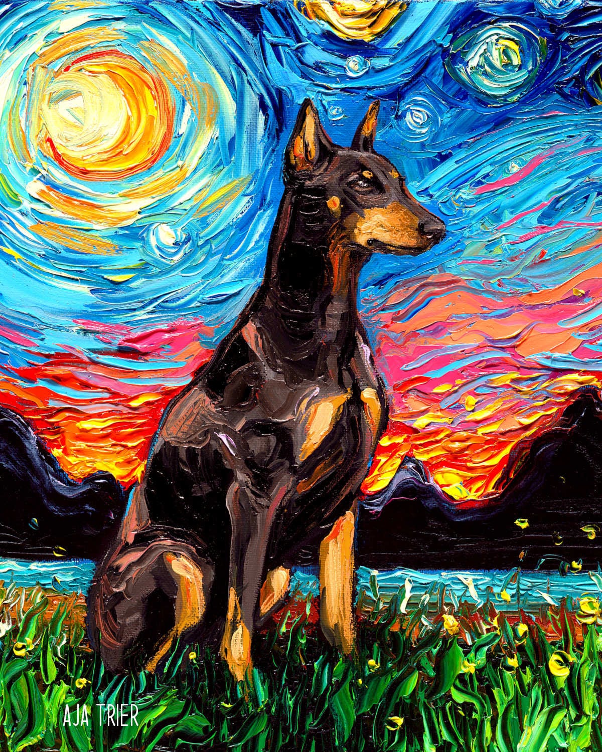 Red Doberman Pinscher dog Art CANVAS print Starry Night Ready to Hang wall decor artwork display by Aja canine animal home