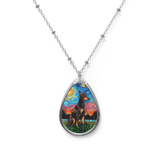 Red Doberman Pinscher Starry Night Dog 1.5x1 inch Oval Pendant on 20.47 inch Chain Necklace Jewelry Art by Aja