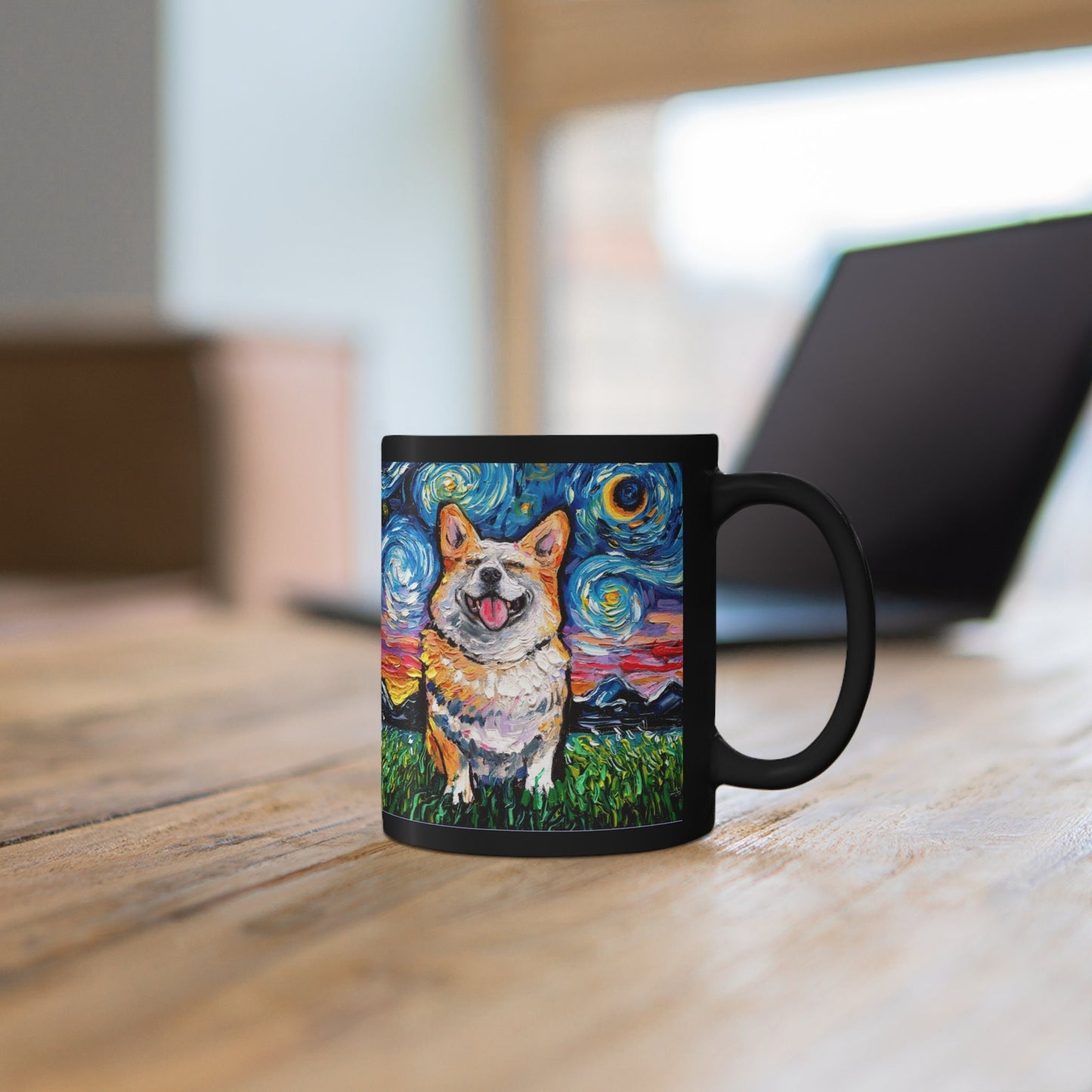 11oz Black Mug  Smiling Corgi Starry Night Dog Ceramic Coffee Cup Art by Aja Drinkware Kitchen Home