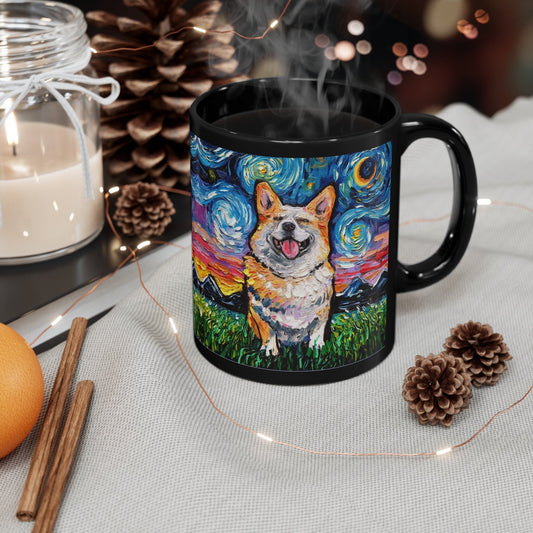 11oz Black Mug  Smiling Corgi Starry Night Dog Ceramic Coffee Cup Art by Aja Drinkware Kitchen Home