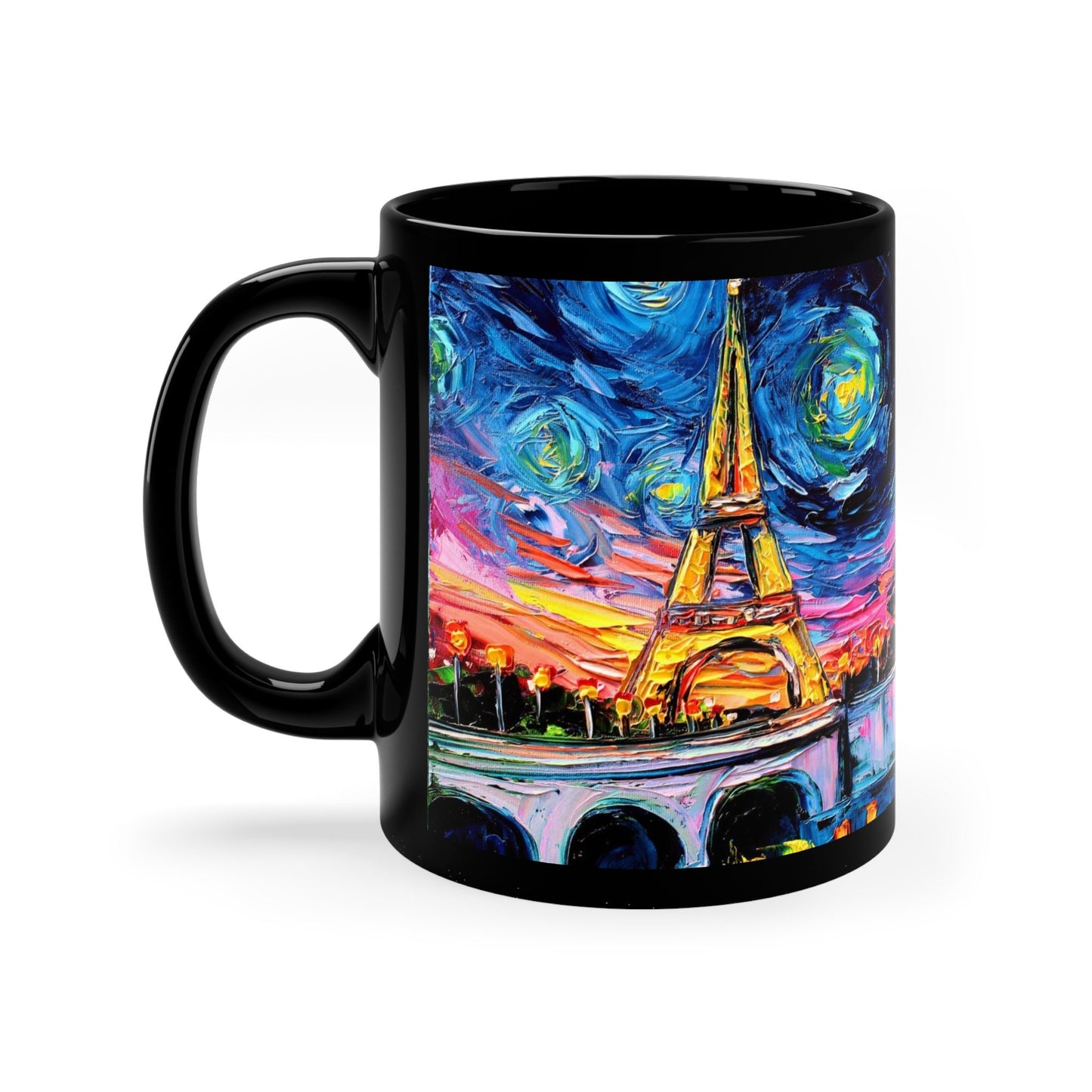 11oz Black Mug  Eiffel Tower Starry Night Paris France Ceramic Coffee Cup Art by Aja Drinkware Kitchen Home