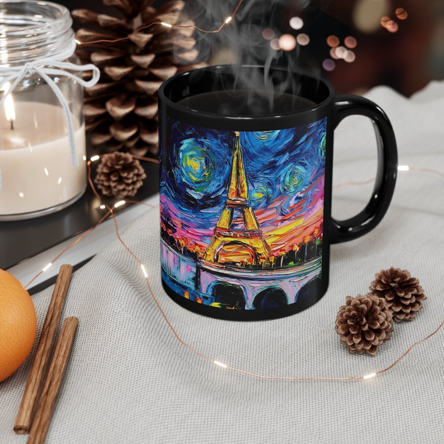 11oz Black Mug  Eiffel Tower Starry Night Paris France Ceramic Coffee Cup Art by Aja Drinkware Kitchen Home
