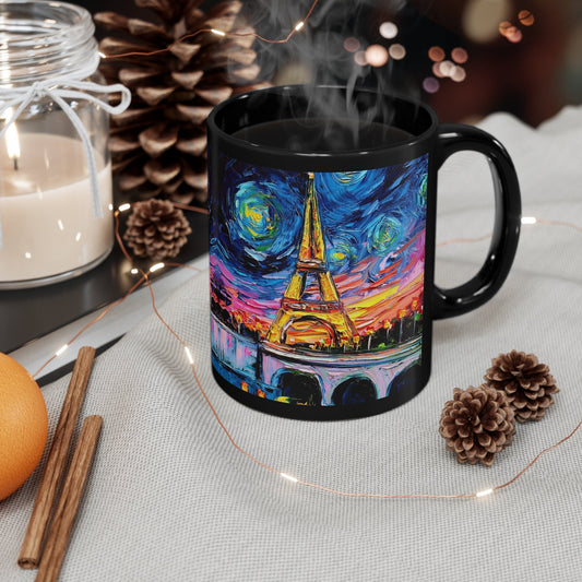 11oz Black Mug  Eiffel Tower Starry Night Paris France Ceramic Coffee Cup Art by Aja Drinkware Kitchen Home