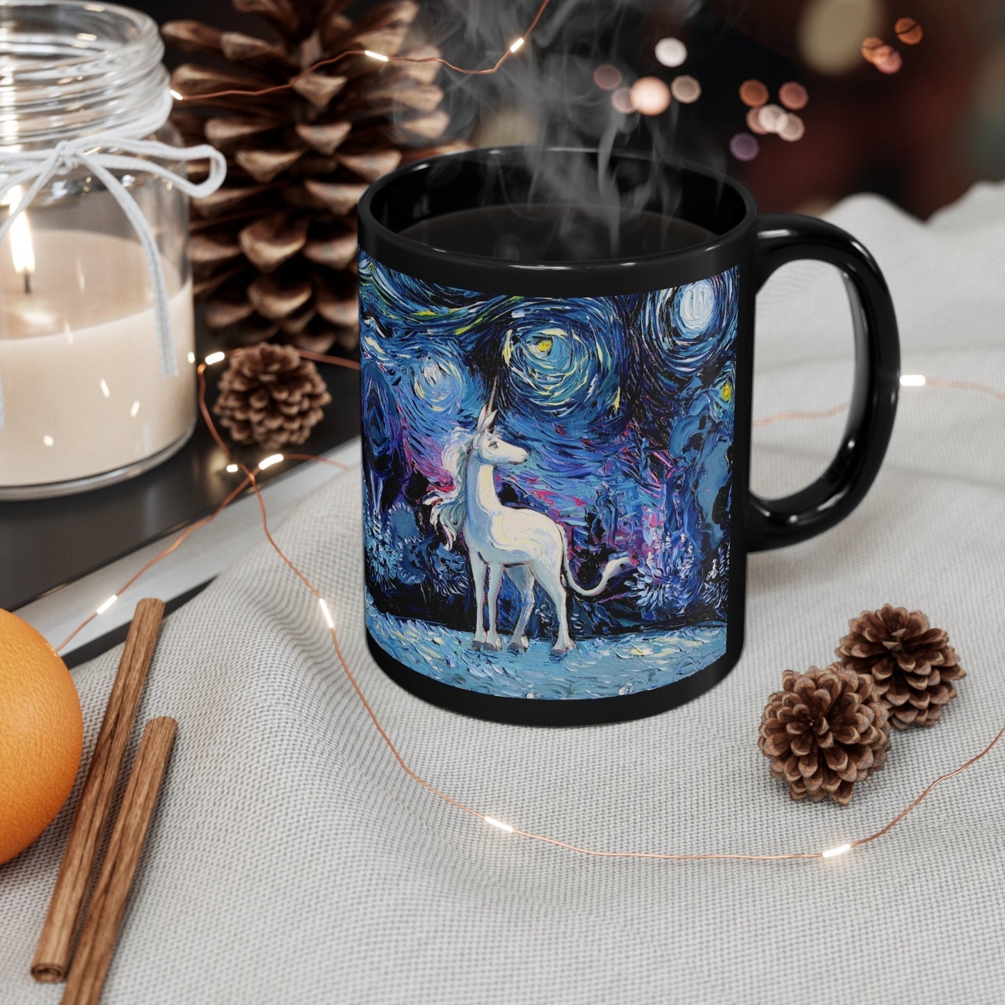11oz Black Mug  Unicorn Artwork Starry Night Fantasy Ceramic Coffee Cup Art by Aja Drinkware Kitchen Home