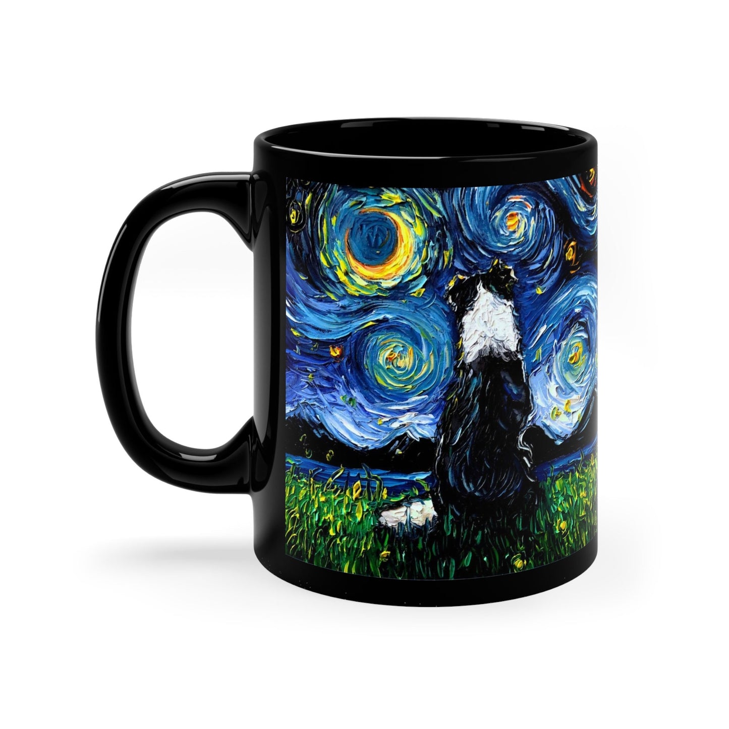 11oz Black Mug  Border Collie Back Starry Night Dog Ceramic Coffee Cup Art by Aja Drinkware Kitchen Home