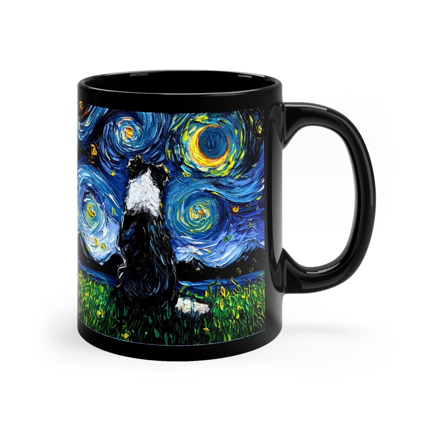 11oz Black Mug  Border Collie Back Starry Night Dog Ceramic Coffee Cup Art by Aja Drinkware Kitchen Home