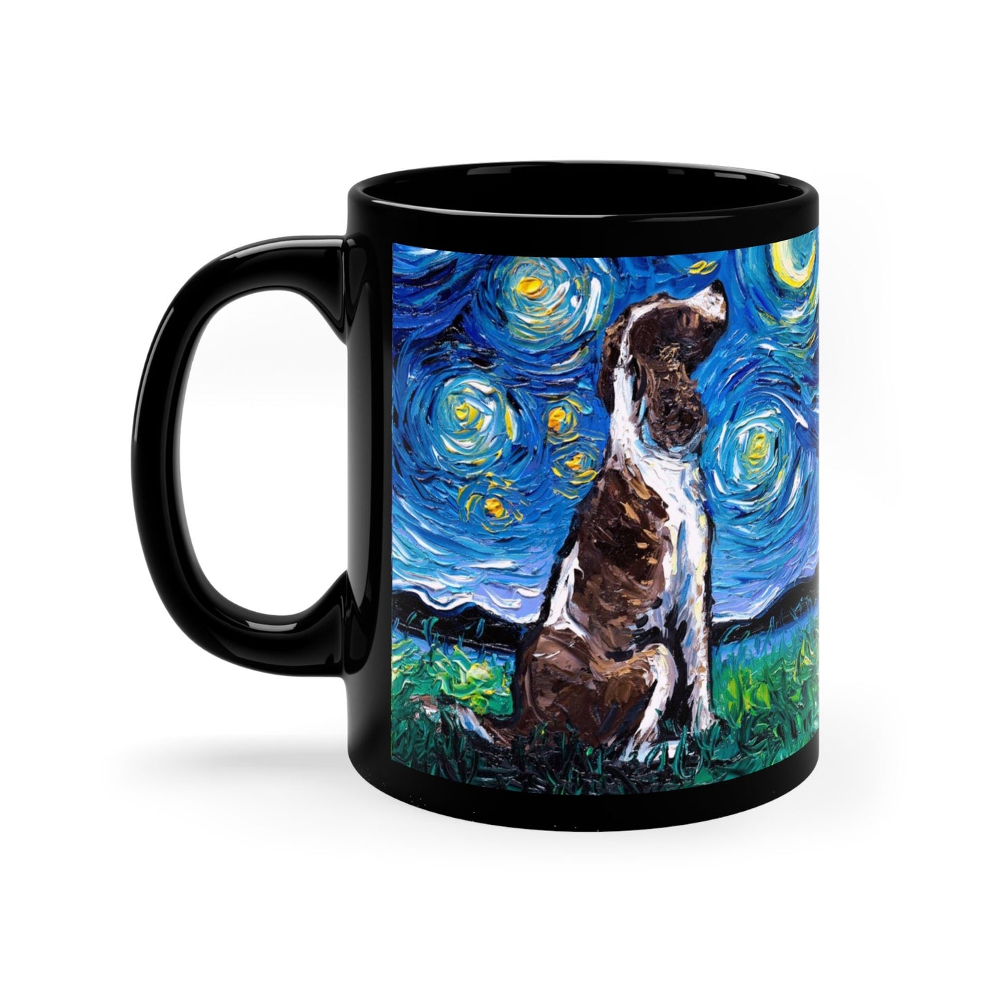 11oz Black Mug  English Springer Spaniel Liver and White Starry Night Dog Ceramic Coffee Cup Art by Aja Drinkware Kitchen Home