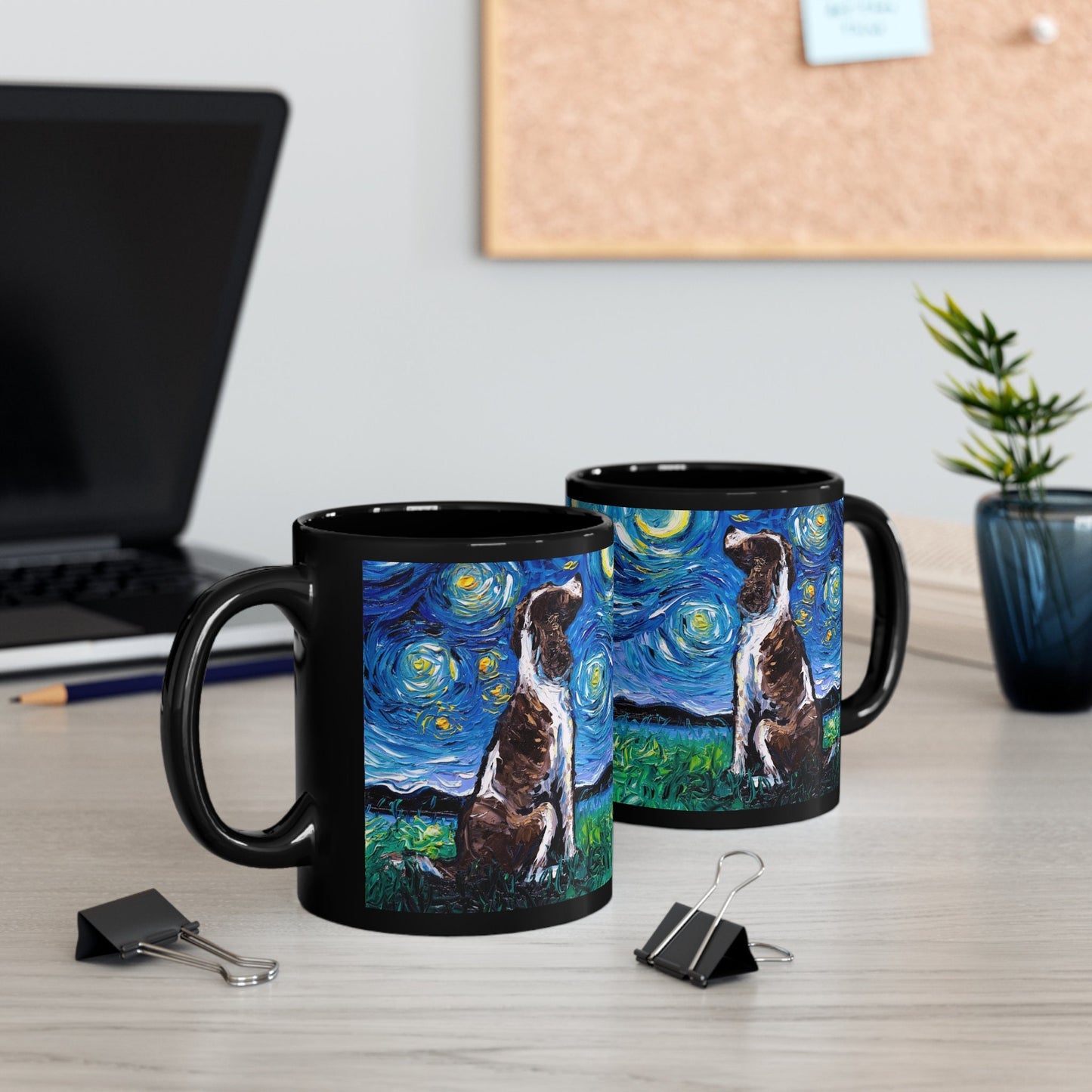11oz Black Mug  English Springer Spaniel Liver and White Starry Night Dog Ceramic Coffee Cup Art by Aja Drinkware Kitchen Home