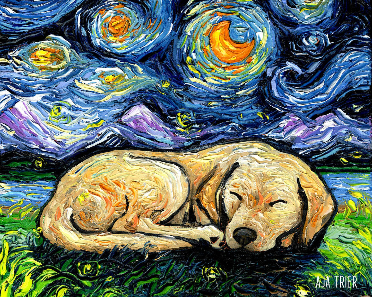 Sleeping Yellow Labrador Starry Night Dog Art CANVAS print by Aja choose size cute pup Pet Memorial Moon Blonde Lab