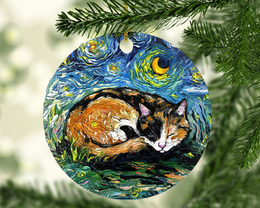 Cat Christmas Ornament Cute Calico Cat Ceramic Ornament Starry Night Holiday Tree Cat Lover Gift Heirloom Keepsake Pet Memorial Ornament