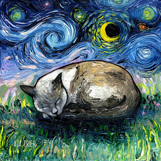 Sleeping Siamese Cat Art Starry Night Art Print picture by Aja choose size and type of paper  Photo Paper or Watercolor Paper home decor