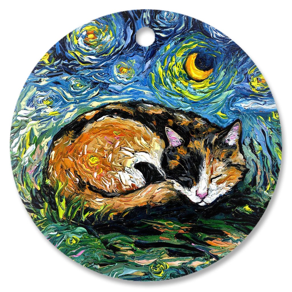 Cat Christmas Ornament Cute Calico Cat Ceramic Ornament Starry Night Holiday Tree Cat Lover Gift Heirloom Keepsake Pet Memorial Ornament