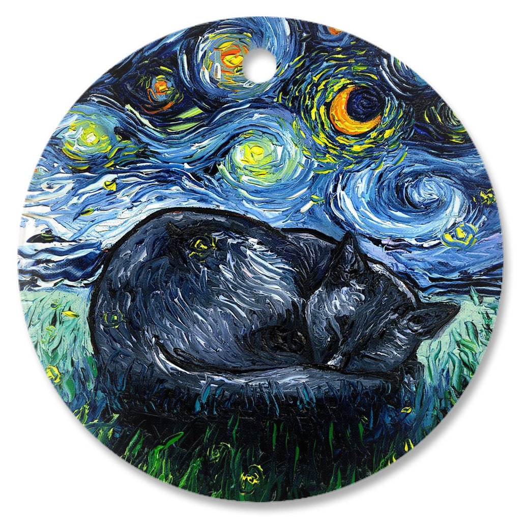 Sleeping Black Cat Starry Night Ornament Printed On Both Sides Ceramic Heirloom Pet Memorial Gift
