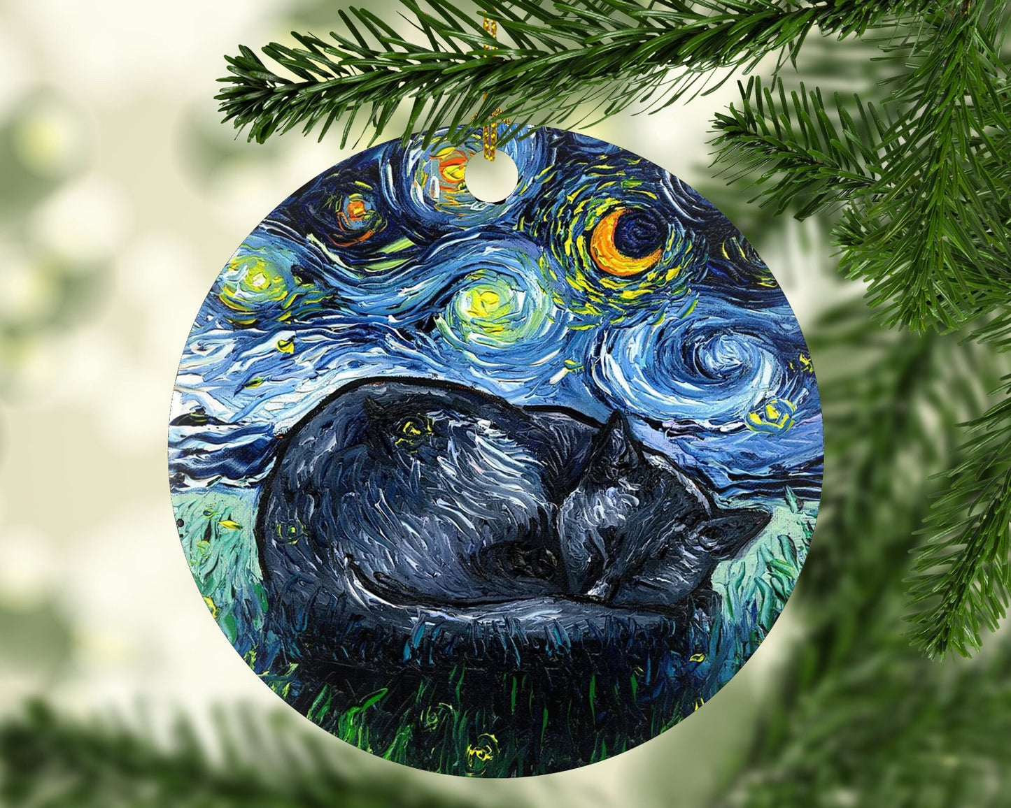 Sleeping Black Cat Starry Night Ornament Printed On Both Sides Ceramic Heirloom Pet Memorial Gift