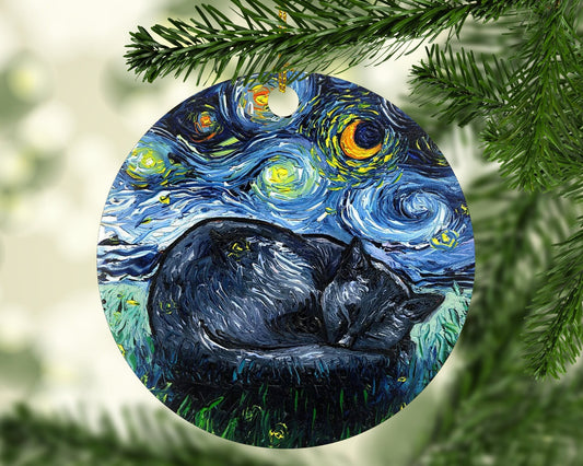 Sleeping Black Cat Starry Night Ornament Printed On Both Sides Ceramic Heirloom Pet Memorial Gift