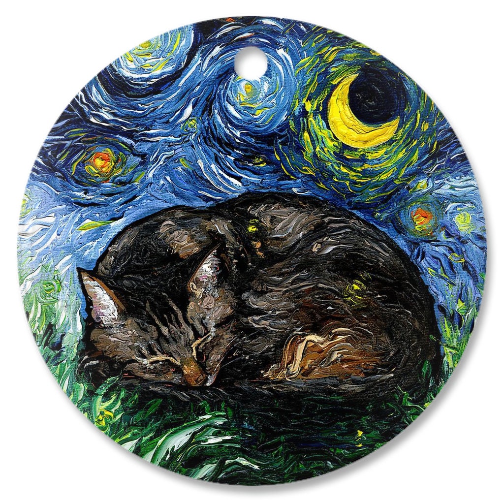 Sleeping Brown Tabby Cat Starry Night Ornament Printed On Both Sides Ceramic Heirloom Pet Memorial Gift